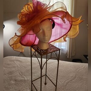 Vibrant Orange and Pink Wide-Brim Kentucy Derby Hat